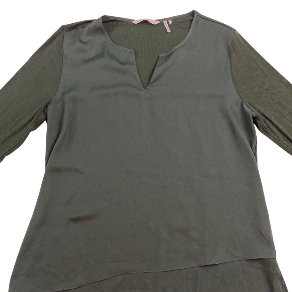 Soft Surroundings Top Womens PM Green  Mixed Media Ribbed‎ Split Neck Lagenlook